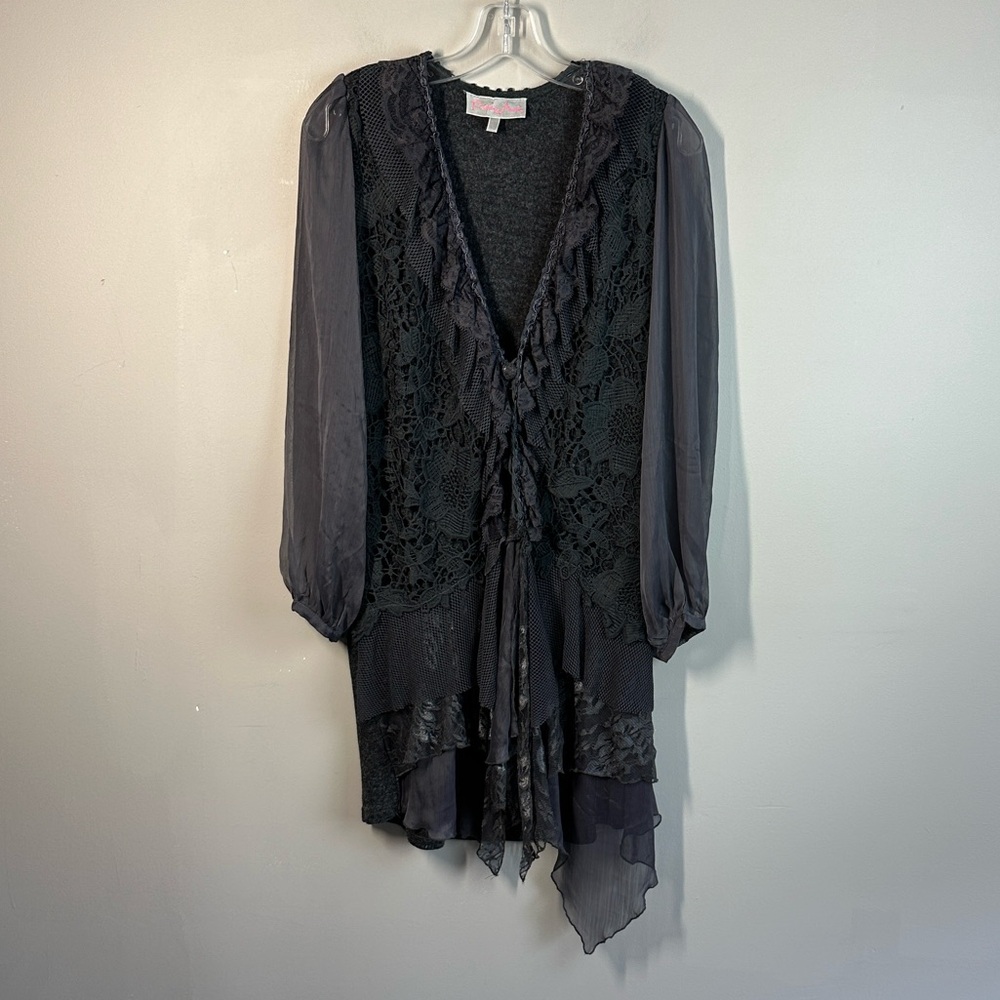 Pretty Angel Gray Vintage Inspired Lace Ruffled Blouse Size L Whimsigoth